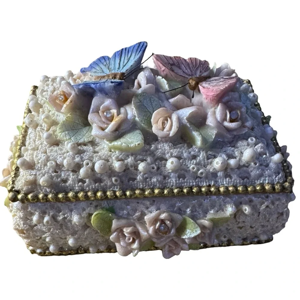 Vintage Style Butterfly Rose Lace Trinket Box Faux Pearl Rhinestone Jewelry Case